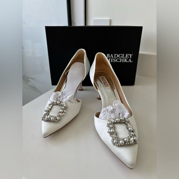 Badgley Mischka Shoes - Badgley Mischka White Fabia Kitten Heel with Crystal Buckle NWT
